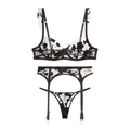 Set lingerie 3 pezzi con ricamo floreale nero, reggiseno in pizzo, reggicalze e perizoma - 85C / Set 3 Pezzi (Compresa Giarrettiera) / Set da 3 Pezzi Nero