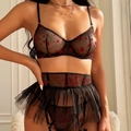 Three-piece black mesh lingerie set with red heart embroidery and ruffled lace garter belt - M / Black Red Heart