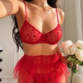 Set lingerie rossa romantica con pizzo, cuori floccati e cintura a reggicalze a gonna - Rosso