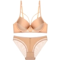 Details des nudefarbenen Dessous-Sets mit Überkreuzgurten und transparentem Netz - 75B / Hautfarben