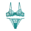 Emerald green French lace lingerie set with leaf embroidery and sheer underwired bra - S / Top And Bottom / Briefs / Green
