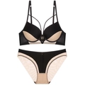 Detail von Push-up-BH mit Farblockierung, Goldringen und Mesh-Einsatz-Slip im Set - 75B / Schwarz