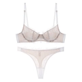 Detailed close-up of French eyelash lace bra and matching thong set in cream white - XL / White + Thong