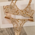 Ensemble de lingerie beige deux pièces avec imprimé cœur, soutien-gorge et string - Marron
