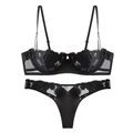 Exquisite black lace lingerie set featuring rose floral embroidery and sheer mesh detail - XL / Black