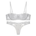 Close-up of white mesh lingerie set with delicate rose embroidery and lace details - L / White