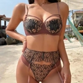 Conjunto de lencería de 3 piezas marrón con bordado de encaje negro en la playa - M / Rosa Viejo