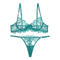 Ensemble lingerie en dentelle vert sarcelle avec mesh transparent et anneaux métalliques - S / Soutien-gorge Et String Sarcelle