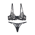 Ensemble lingerie en dentelle noire avec broderie florale et anneaux dorés - S / Noir + Thong