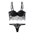 Sexy black eyelash lace lingerie set featuring a longline bustier bra and thong - Black + Thong / 85C