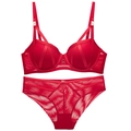 Lace push-up bra and panty set in vibrant red with elegant gold ring hardware details - 70B / Red