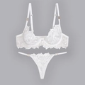 French white lace lingerie set with leaf embroidery and gold hardware accents - S / White + Thong
