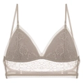 Taupe lace triangle bralette with wide mesh hem and elegant floral patterns - S / Khaki