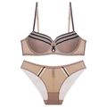 Nude lace lingerie set with push-up bra and matching panties featuring black wave trim - 75B / Nude