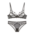Vista dettagliata del reggiseno a rete grigio scuro con ricamo a cuore e pizzo smerlato - 70B / Nero