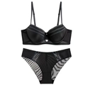 Detailed view of the black lace lingerie set with mesh fabric and wave embroidery - 75B / Black