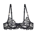 Elegant black lace lingerie set with leaf embroidery and golden ring strap details - S / Tops / Black