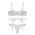 Three-piece white floral lace lingerie set with rose embroidery and garter belt - L / White