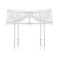 Detailed view of white floral lace garter belt featuring three delicate center bows - One Size / White