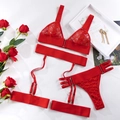 Détail à plat d'un ensemble de lingerie en dentelle rouge avec broderie en résille - S / Rouge