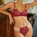 Elegante conjunto de lencería de encaje rojo vino con malla transparente y flores - S / Rojo