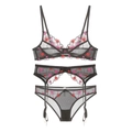 Driedelige zwarte mesh lingerieset met rode hartborduurwerken en kanten afwerking - 70B / Boven- En Onderstuk / 3-delige set / Zwart met Hartborduurwerk