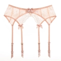Porte-jarretelles en dentelle rose pêche avec motifs floraux et clips en ruban satin - S / Rose