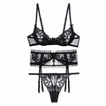 Set lingerie tre pezzi in pizzo nero con ricamo floreale e reggicalze abbinato - Nero