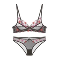 Conjunto de lencería de encaje negro sexy con bordado de corazón y malla transparente - 70B / Estilo Floral Negro (Incluye Sujetador y Braga)
