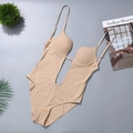 Nude deep V-neck backless bodysuit with thin straps and slimming stretch fabric - S / Nude
