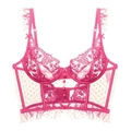 Bright pink French thin lace bustier with floral mesh and satin buttons detailing - S / Rose Red