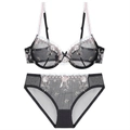Detail of sheer black mesh lingerie set with pink floral embroidery and lace trim - 85C / Top And Bottom / Black
