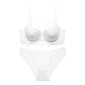 Detail of white lace lingerie set with push-up cups and criss-cross straps decoration - White