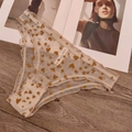 Detail of sheer apricot mesh panties with heart print and ruffled edges on wooden floor - S / Khaki Briefs