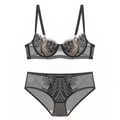 Close-up of French style lace embroidery lingerie set with black floral mesh detail - 70B / Top And Bottom / Black