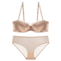 Champagne satin and lace lingerie set with push-up half cup bra and mesh panties - 85C / Top And Bottom / Nude
