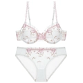 White lace lingerie set with pink floral embroidery and sheer mesh fabric - 85C / Top And Bottom / White