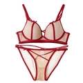 Französisches Spitzen-Dessous-Set mit roten Schleifen und Push-up-Bügel-BH in Beige - 70B / Burgunderrot
