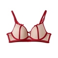 Französischer Spitzen-Push-up-BH mit roten Bändern und beigen Cups mit Schleifen - 70B / Burgunderrot