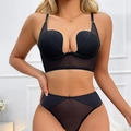 Set lingerie sexy nero con reggiseno push-up a U e slip in mesh trasparente moderno - 70B / Reggiseno E Culotte / Nero