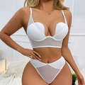 Deep V-neck U-back push-up lingerie set in white with sheer mesh panels and high-waist panties - 70B / Bra And Panty / White