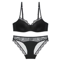 French style black lace lingerie set with silk-finish bra and matching mesh panties - 70A / Black