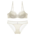 Elegant French style satin and lace lingerie set for women with bow detail in champagne - 70A / Apricot