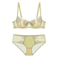 Elegant light green French lace lingerie set with floral embroidery and supportive underwire - 70B / Top And Bottom / Green
