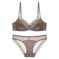 Lace and satin lingerie set in mocha brown with thin cups and elegant mesh detailing - 70A / Coffee