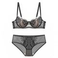 Set lingerie in pizzo floreale nero stile francese con reggiseno push-up e slip - 70B / Nero