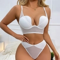 Weißes Set mit tiefem V-Ausschnitt, Mesh-Details und hoch tailliertem Slip für Damen - 70B / BH Und Slip / Weiß
