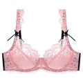 Sujetador de encaje rosa con lazos negros y bordados florales sobre fondo blanco - 70A / Top rojo sandía