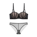 Conjunto de lencería negra sexy con malla de contraste, copas a rayas y aro de realce - 70A / Top Y Pantalón / Negro