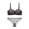 Sexy schwarzes Spitzenunterwäsche-Set mit Push-Up-Netz-BH und passendem Slip - 75D / Schwarz